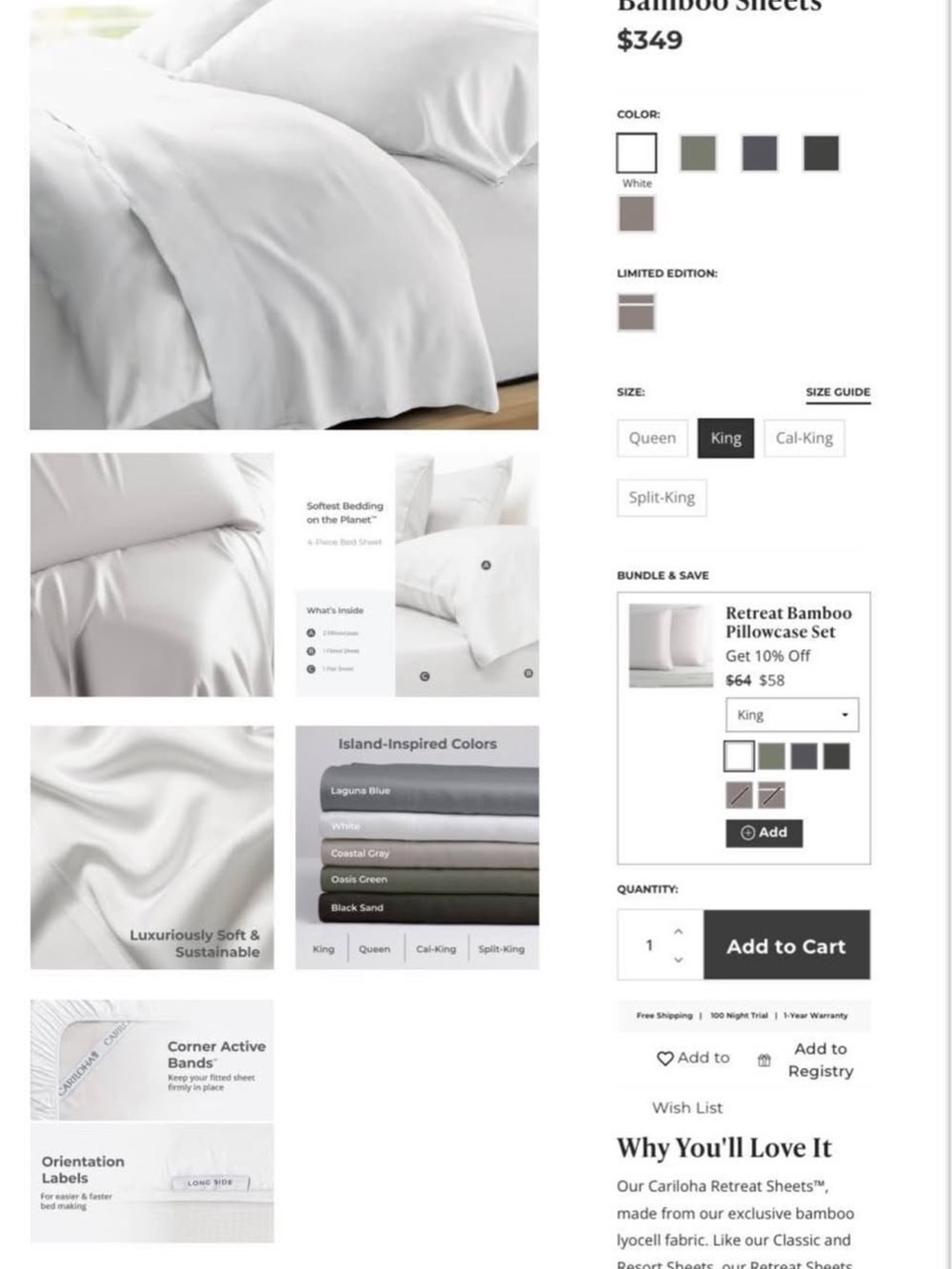 Cariloha Retreat Sheet Set — White (King)